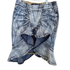 Blue Pointe Denim Skirt 9 Ruffled High Low Ruched Acid Wash 90s Y2K Fairy Grunge